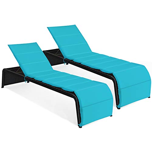 COSTWAY 2 PCS Patio Rattan Lounge Chair Chaise Recliner Adjustable Cushioned Turquoise