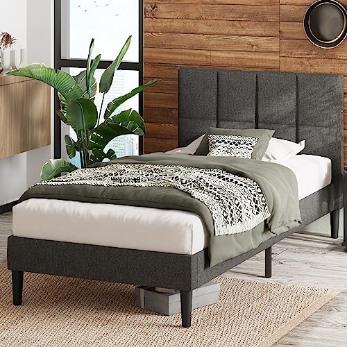 ZINUS Lottie Upholstered Platform Bed Frame with Short Headboard and USB Ports / Mattress Foundation / Wood Slat Support / No Box Spring Needed / Easy Assembly, Grey, Twin