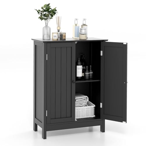 COSTWAY Bathroom Storage Cabinet, Freestanding Bathroom Storage Organizer with Doors & Adjustable Shelf, Wooden Floor Cabinet for Living Room, Bathroom, Entryway, Kitchen (Black)