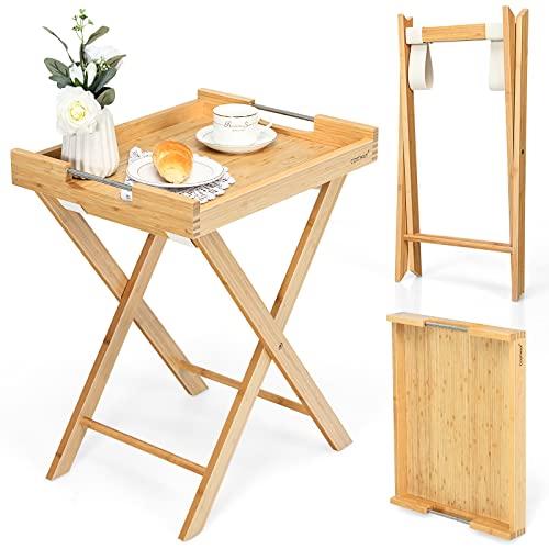 COSTWAY TV Tray Table, Multifunctional Folding Bamboo Side Table with Built-in Steel Handles, Portable Snack Table with Detachable Tray, Small Coffee Table, No Assembly Required, 18.5Ó x 15Ó x 23Ó