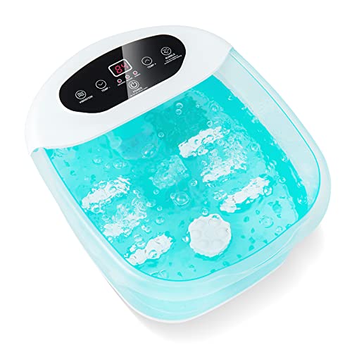 COSTWAY Foot Spa Bath Massager, with Heat, Bubbles & Vibration Mode, 12 Rollers & Pedicure Stone, Mini Acupressure Massage Points, Digital Temperature Control (Lake Blue)