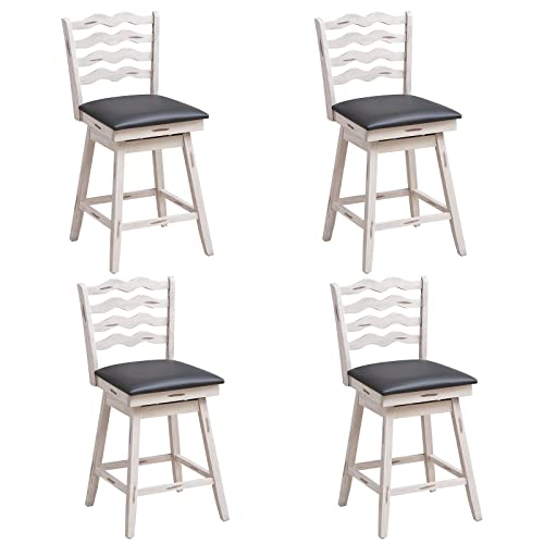 COSTWAY Bar Stools Set of 4, 25Ó 360¡ Swivel Counter Height Chairs with Rubber Wood Frame, Cushioned Seat, Ergonomic Backrest & Footrest, Wooden Upholstered Barstools for Kitchen Island (4, 25Ó)