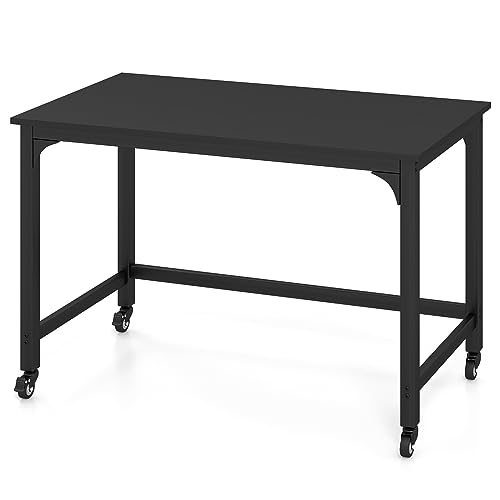 COSTWAY 48Ó Mobile Computer Desk, Home Office Desk on Wheels, Simple Study Writing Table with 4 Lockable Wheels, Metal Frame, Rolling Laptop PC Table for Small Space (Black)