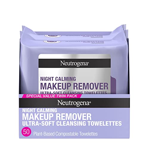 Neutrogena Night Calming Makeup Remover Face Wipes, Nighttime Cleansing Towelettes Remove Sweat, Dirt & Makeup & Calms Skin, Hypoallergenic, 100% Plant Based Cloth, Twin Pack, 2 x 25 ct