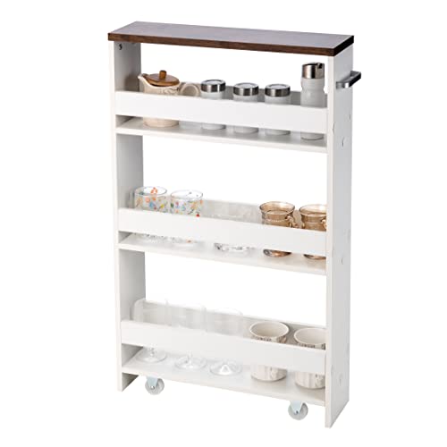 COSTWAY Slim Rolling Storage Cart, 4-Tier Utility Cart, Wood Kitchen Storage Cart with Handle & Wheels, Narrow Rolling Shelving Unit for Bathroom Laundry Small Places