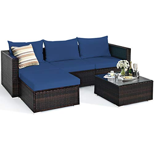 COSTWAY 5PCS Patio Rattan Furniture Set Sectional Conversation Sofa w/Coffee Table Navy