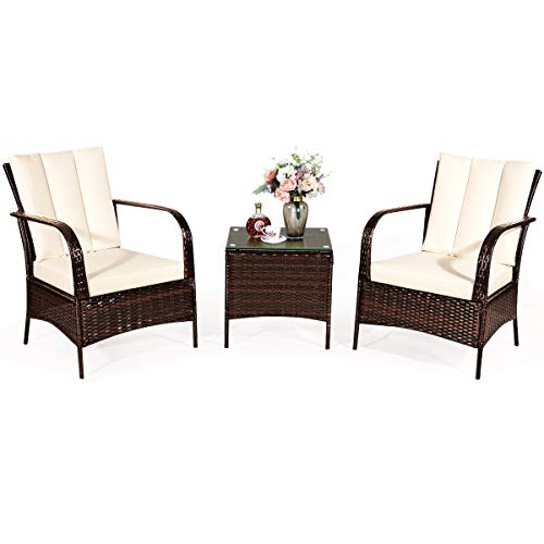 COSTWAY 3 PCS Patio Rattan Furniture Set Coffee Table & 2 Rattan Chair W/White Cushions