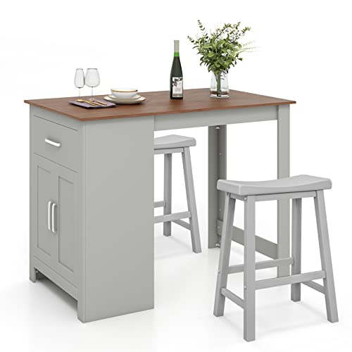 COSTWAY 3-Piece Bar Table Set for 2, Counter Height Dining Table Set with 2 Saddle Stools, Storage Drawer & Cabinet, Modern Pub Kitchen Table and Chairs Set for Small Spaces (Grey + Natural)