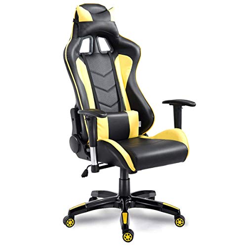 COSTWAY High Back Executive Racing Reclining Gaming Swivel PU Leather Office Chair (Yellow), Black & Yellow