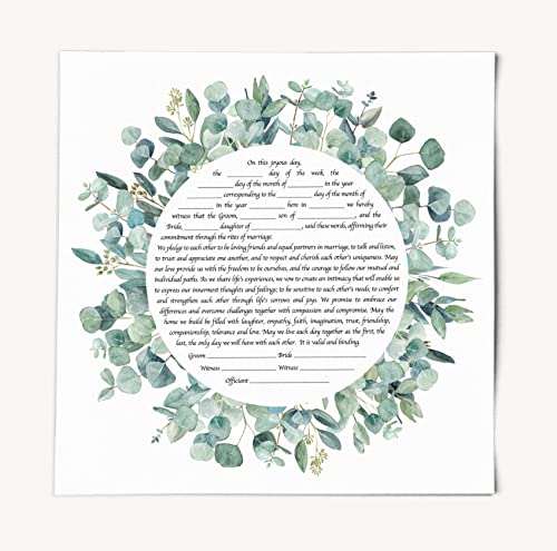 Ketubah - Multiple Hebrew and English Variations for Jewish Wedding, Eucalyptus Circle Design (16"x16", english)