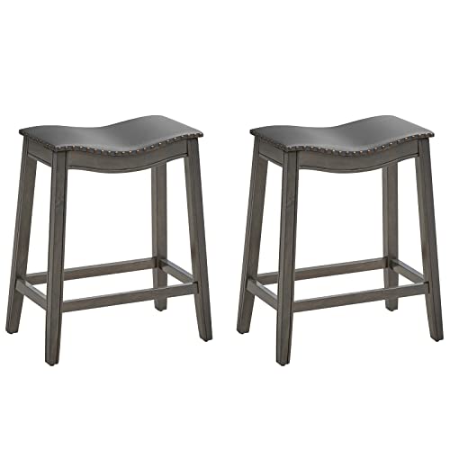 COSTWAY Counter Height Bar Stools Set of 2, 23.5-Inch Height Backless Saddle Stool with Rubber Wood Legs, Cushioned Seat and Footrest, PVC Leather Makeup Chair for Kitchen Island Dining Room, Grey