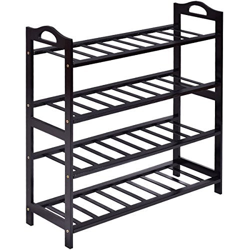 COSTWAY Bamboo 4-tier Shoe Rack Entryway Flat Shelf Storage Organizer Home (Black)