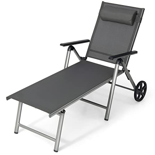 COSTWAY Patio Folding Chaise Lounge Chair Aluminum Recliner Back Adjust Wheels