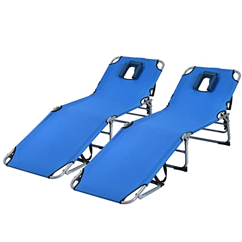 COSTWAY 2 PCS Folding Chaise Lounge Chair Bed Adjustable Patio Beach Camping Recliner Blue