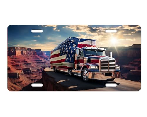 Vanity Decorative Front License Plate - Cute Car License Plate Made in the USA - Aluminum Metal Plate - Premium Quality Car Plate - Front Plate for Car (American Flag Trucker)