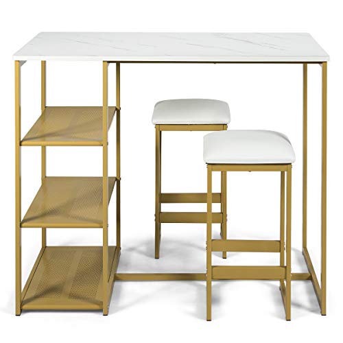 COSTWAY 3-Piece Dining Set, Compact 2 Chairs and Table Set, Kitchen Set with Rectangular Faux Marble, 3 Metal Storage Shelves, Fashionable Simple Style, Kitchen Counter Height Table Set (Gold)