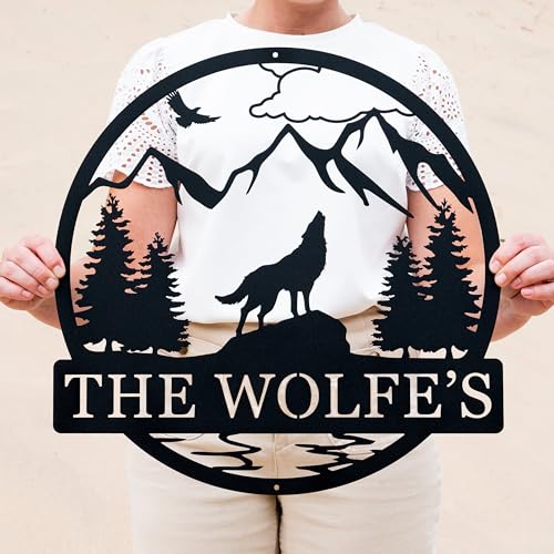 Personalized Wolf Howling Metal Ranch Sign | Custom Wolf Name Sign | Great Outdoor | Weatherproof Sign | Farm Sign | Custom Metal Cabin Sign