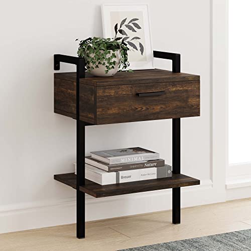 Nathan James Jenny 2-Tier Industrial Wood Wall Mount Rustic Bedside Table Nightstand with Drawer and Storage Shelf, 1, Nutmeg/Black