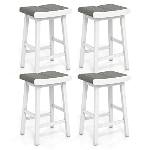 COSTWAY Saddle Stools Set of 4, 26-inch Height Backless Bar Chair with Rubber Wood Frame, Sponge Cushions, Foot Rest, Upholstered Counter Height Bar Stools for Kitchen Island Dining Room, Grey+White