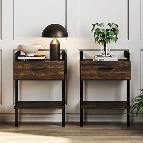 Nathan James Jenny 2-Tier Industrial Wood Wall Mount Rustic Bedside Table Nightstand with Drawer and Storage Shelf, Set of 2, Nutmeg/Black - Set of 2