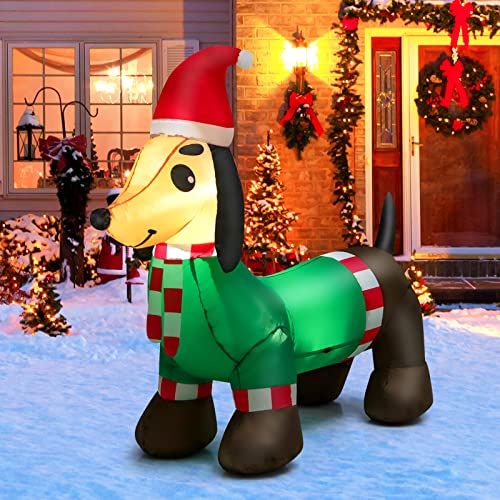 COSTWAY 4 FT Long Inflatable Christmas Decoration Xmas Dachshund Dog with Hat & Scarf