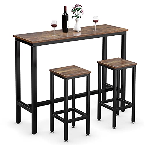 COSTWAY 3-Piece Bar Table Set, 39.5Ó Bar Table with 2PC 28Ó Bar Stools, Pub Height Dinning Table Set with Counter Height Backless Stools, Breakfast Table Set for Apartment/Bistro/Pub (Rustic Brown)