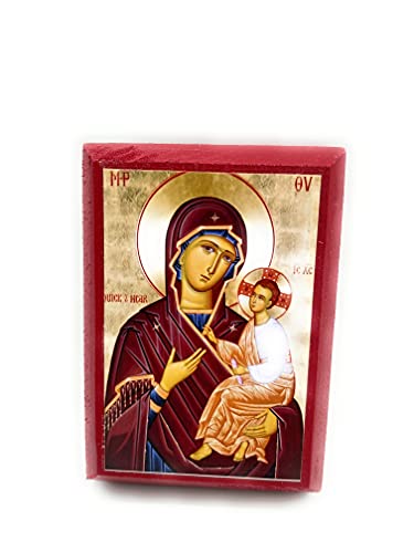 Wooden Greek Orthodox Christian Icon Saint Virgin Mary the Theotokos Quick to Hear (2.5" x 3.5")