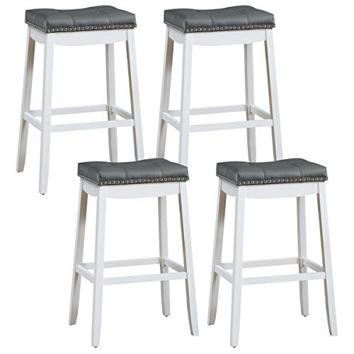 COSTWAY Bar Stools Set of 4, 29-Inch Height Backless Counter Stool with Footrest, Soft Seat Cushion, Wood Legs and Non-Slip Foot Pad, Saddle Stools for Home Kitchen Living Room, Stone Gray+White