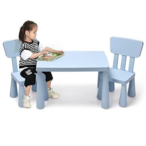 COSTWAY 3-Piece Kids Table and Chairs Set, Lightweight Plastic Children Activity Center for Reading, Writing, Painting, Snack Time, Kids Furniture Art Study Desk & Chairs Set for Ages 1-7 (Blue)