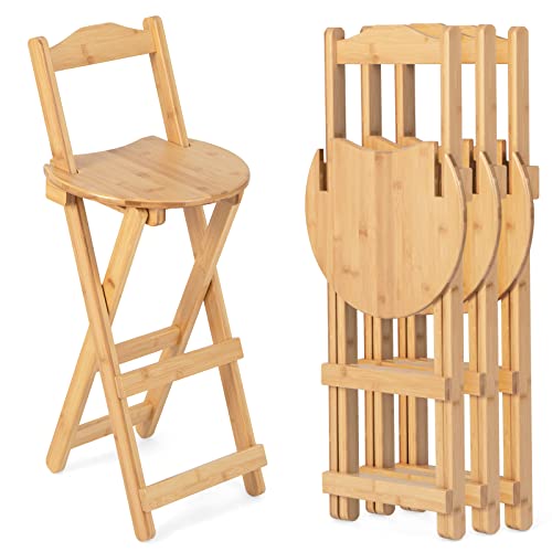 COSTWAY Folding Bamboo Bar Stools Set of 4, 24-inch Kitchen Counter Height Stools with Backrest and Footrest, Portable Bar Chairs for Home Kitchen Island Breakfast, No Assembly, Natural