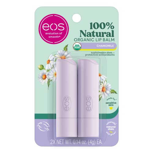 eos 100% Natural & Organic Lip Balm- Chamomile, Dermatologist Recommended for Sensitive Skin, All-Day Moisture, 0.14 oz, 2-Pack