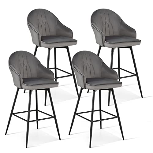 COSTWAY Bar Stools Set of 4, 360-degree Swivel Stools, Bar Height Velvet Upholstery Bar Chairs with Steel Legs & Footrest, Modern Low Back Bar Chairs for Kitchen, Pub, Bistro, Grey (4)