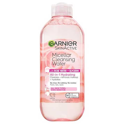 Garnier SkinActive Micellar Water with Rose Water and Glycerin, Facial Cleanser & Makeup Remover, All-in-1 Hydrating, 13.5 Fl Oz (400mL), 1 Count (Packaging May Vary)