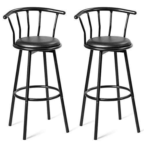 COSTWAY Bar Stools, Modern and Classic Rotatable Counter Pub PVC Leather Chairs, Round Padded Seat with Footrest & Back, Bar Pub Dining Room Kitchen Home Furniture (Pitch-Black, Set of 2)