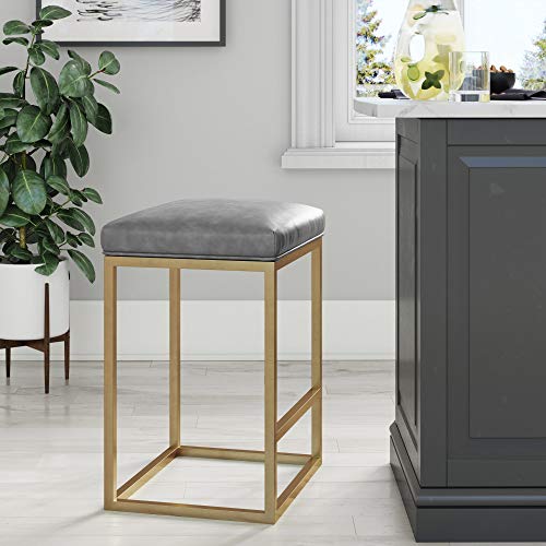 Nathan James Nelson Backless Pub-Height Kitchen Counter Bar Stool with Faux Leather Cushion and Metal Base, 24", Gray/Gold