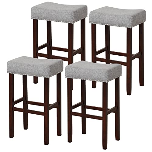 COSTWAY Counter Height Bar Stools Set of 4, 29.5-inch Backless Saddle Stools with Nailhead Trim, Rubber Wood Frame, Footrest, Max Load 330 Lbs, Upholstered Barstools for Kitchen Island Pub, Grey