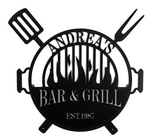 FranJohnsonHouse Personalized Bar and Grill Name Outdoor Round Sign, BBQ Grilling Custom Metal Wall Art, Man Cave Decor, Grill Father Dad's BBQ Housewarming Birthday Gift Garden Patio Decor (Design 2)