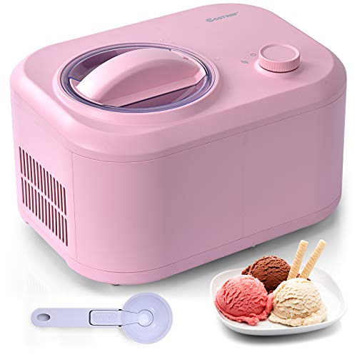 COSTWAY Ice Cream Maker, 1.1-Quart Automatic Electronic Gelato Maker with 3 Operation Modes, Built-In Compressor, Portable Homemade Dessert Maker with Spoon, Ice Cream Machine for Home, Dorm (Pink)