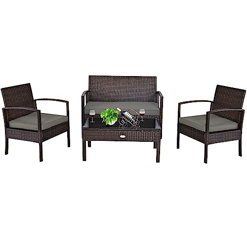 COSTWAY 4PCS Outdoor Patio Rattan Furniture Set Cushioned Sofa Coffee Table Garden Deck