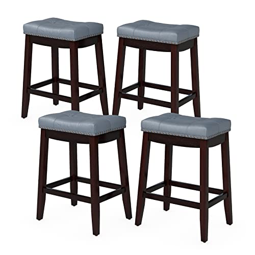 COSTWAY Bar Stools Set of 4, 24-Inch Height Backless Counter Stool with Footrest, Soft Seat Cushion, Wood Legs and Non-Slip Foot Pad, Saddle Stools for Home Kitchen Living Room, Stone Gray+Dark Brown