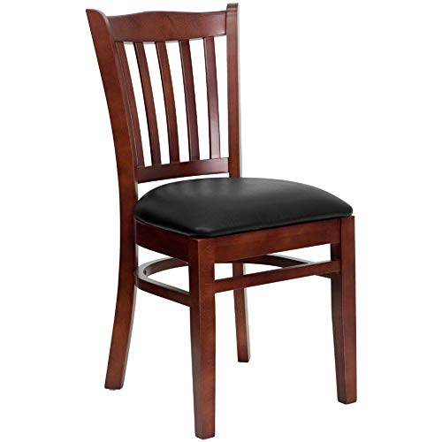 Flash Furniture HERCULES Series Vertical Slat Back Mahogany Wood Restaurant Chair - Black Vinyl Seat