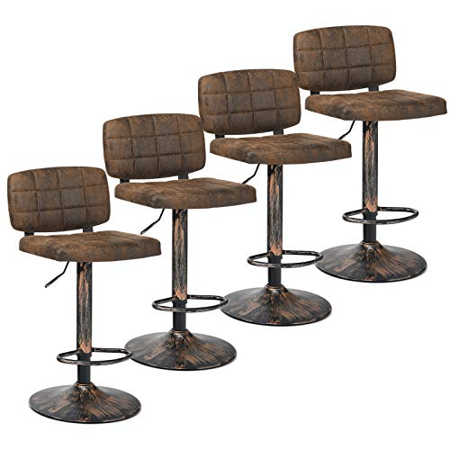 COSTWAY Set of 4 Barstools, Vintage Bar Stools with Adjustable Height, Swivel, Backrest and Footrest, Counter Height Armless Chairs for Bar, Kitchen and Bistro Pub, Retro Brown (Set of 4)