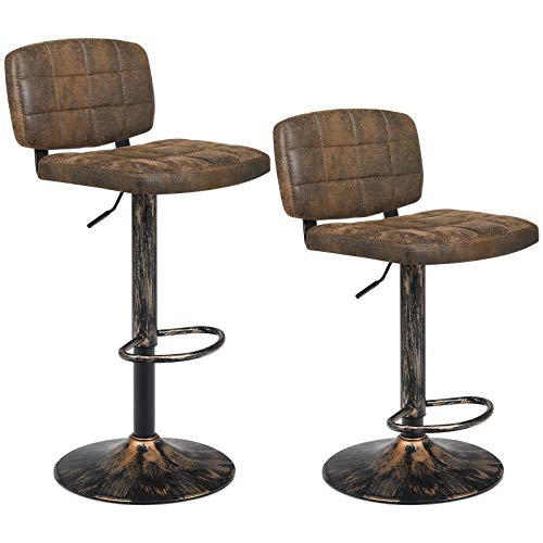 COSTWAY Set of 2 Barstools, Vintage Bar Stools with Adjustable Height, Swivel, Backrest and Footrest, Counter Height Armless Chairs for Bar, Kitchen and Bistro Pub, Retro Brown (Set of 2)