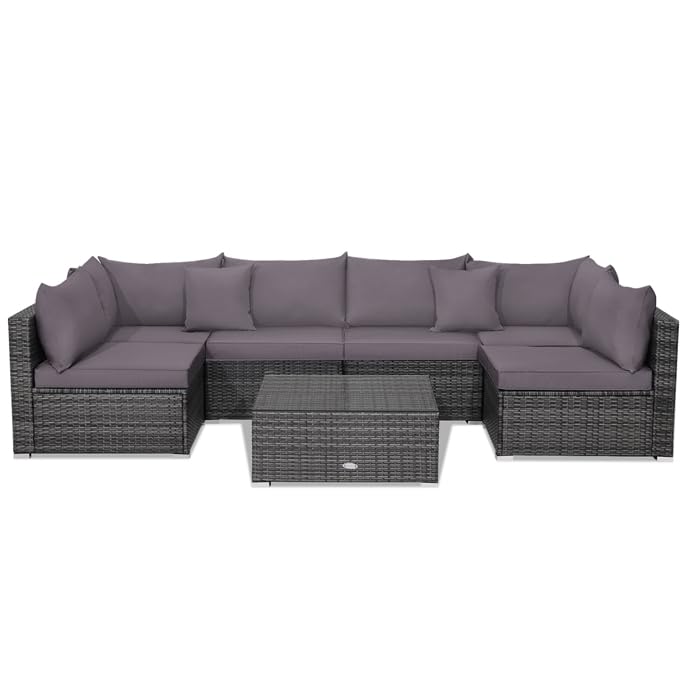 COSTWAY 7PCS Patio Rattan Furniture Set Sectional Sofa Cushioned Grey