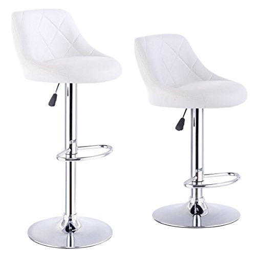 COSTWAY Set of 2 Adjustable Bar Stools PU Leather Modern Swivel Hydraulic Chrome Chair Dining Counter Chair (White)