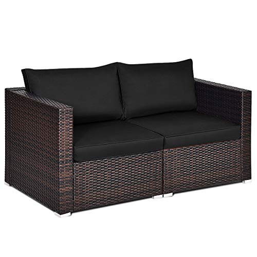 COSTWAY 2PCS Patio Rattan Corner Sofa Sectional Furniture Set Black Cushion