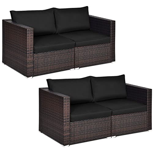 COSTWAY 4PCS Patio Rattan Corner Sofa Sectional Conversation Set Black Cushion