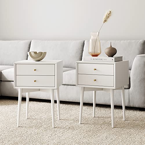 Nathan James Harper Modern Nightstand Side Accent or End Table with Storage Drawer, Set of 2, White