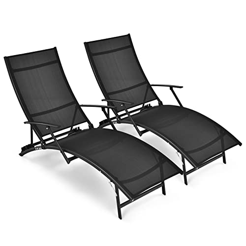 COSTWAY 2PCS Patio Folding Lounge Chair Chaise Recliner Adjustable Stackable W/Armrest