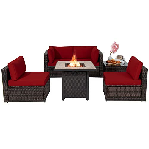 COSTWAY 6 PCS Patio Wicker Furniture Set 30" Gas Fire Pit Table 50,000 BTU Red